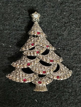 Ladies Lapel Pin Brooch Christmas Tree Holiday Costume &quot;Red Stones&quot; &quot;Silver Tone - £14.45 GBP