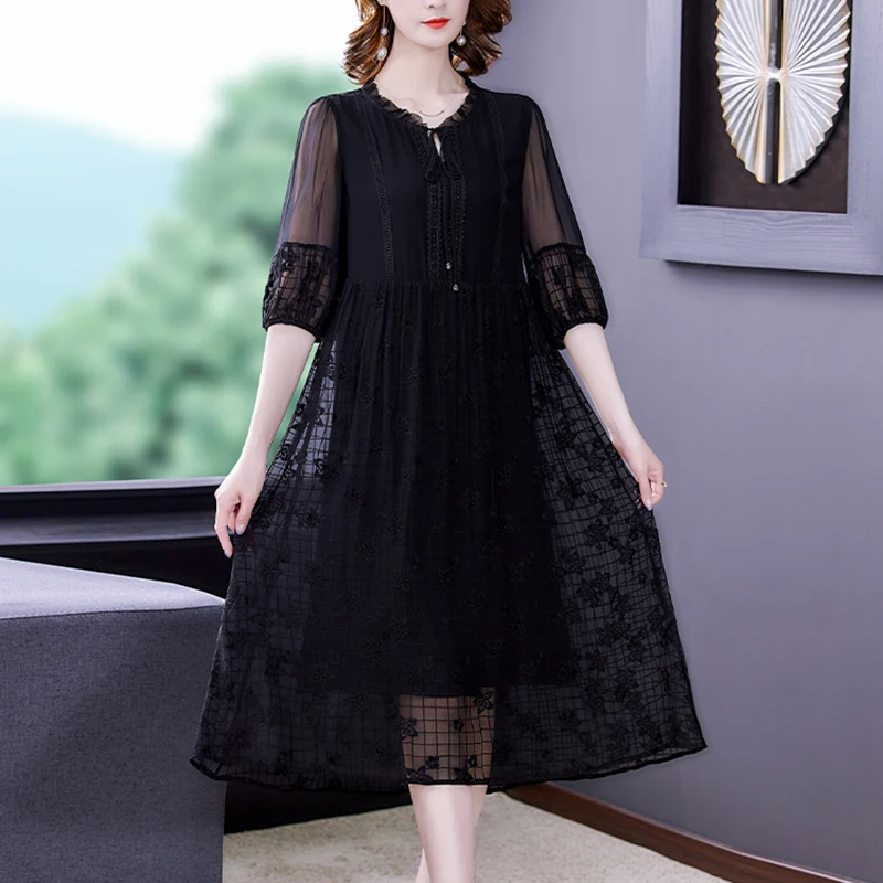 2023 Vinatge 5XL Dresses Black  Silk Embroidery Loose Midi Long Dress Summer Wom - £76.80 GBP