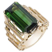 14k Gold Green Tourmaline Ring, Genuine Green Tourmaline and diamond Yellow Gold - £213.75 GBP