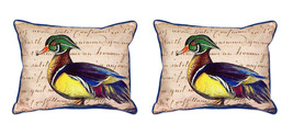 Pair of Betsy Drake Male Wood Duck Script Large Indoor Outdoor Pillows 16 X 20 - £71.21 GBP