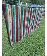 Vintage Green, Red, Green, Black And Ivory Knitted Blanket Approx 61”x54” Fringe - $43.95