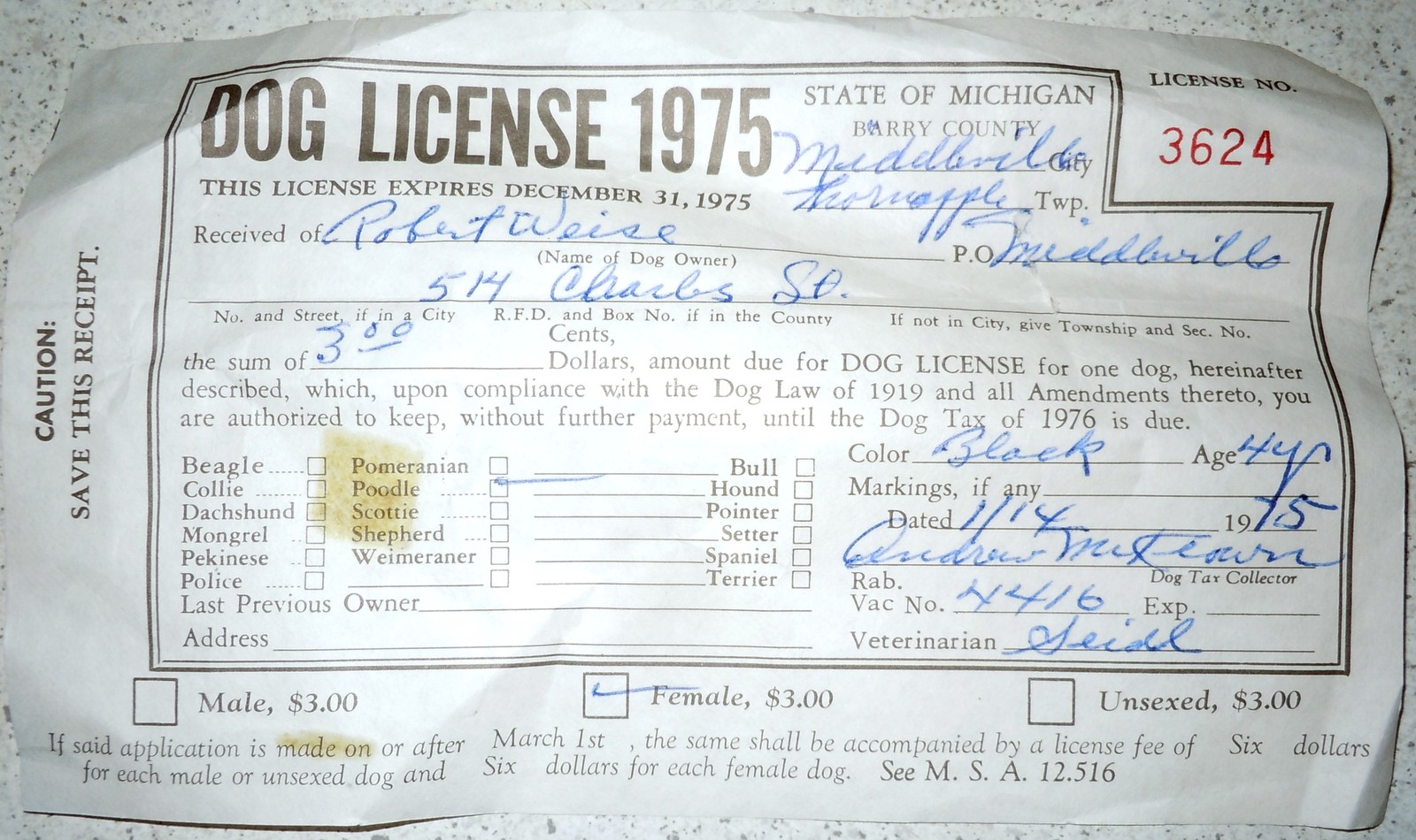 Vintage 1975 Dog License  State Of Michigan Barry County - $3.99