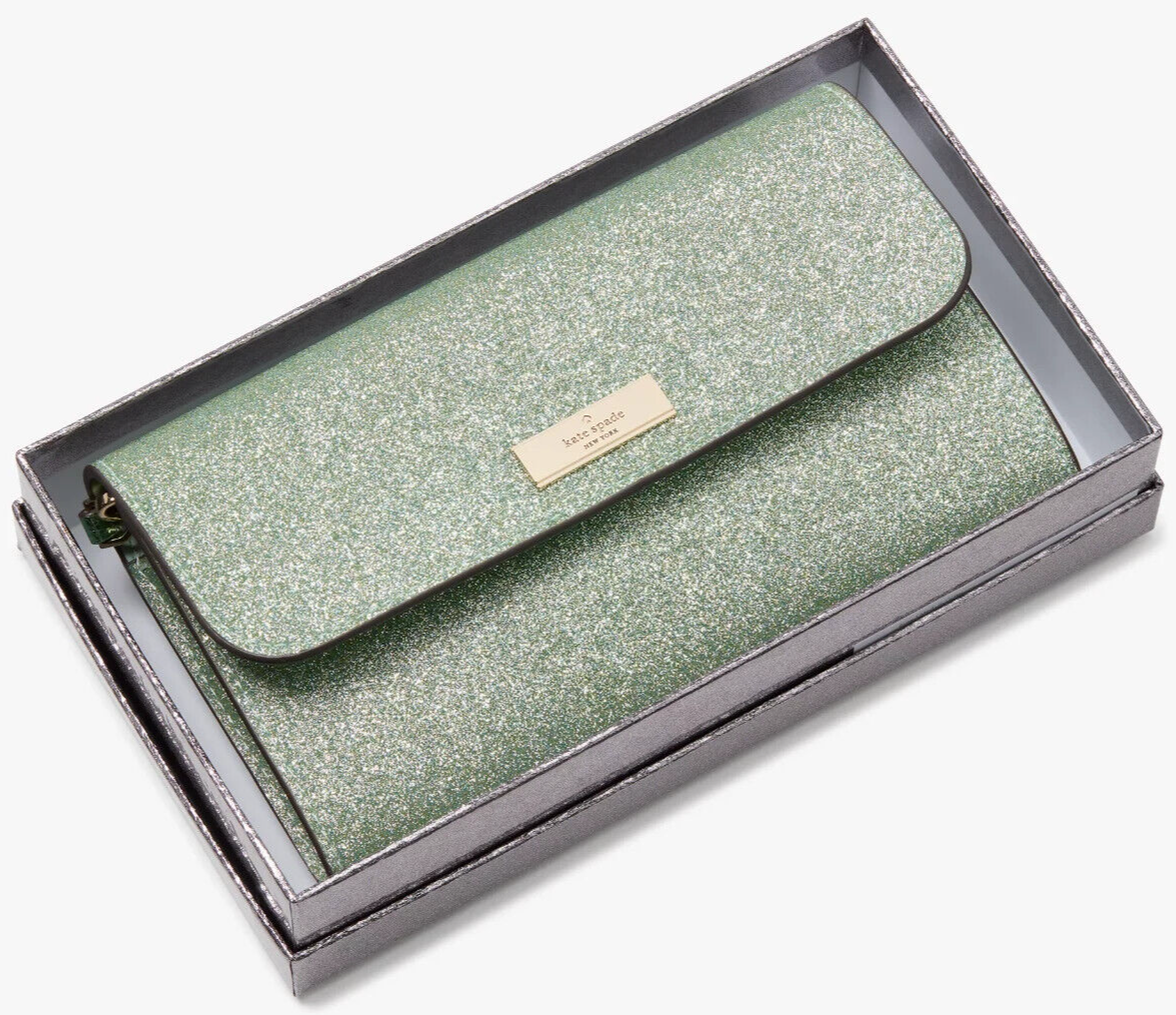 Kate Spade Kenzie Medium Flap Wristlet Green Glitter Wallet KK332 NWT $199 F