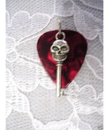 BLOOD RED GUITAR PICK and SILVER ALLOY SKULL KEY CHARM PENDANT ADJ NECKLACE - $4.99