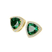 1.10 Ct Trillion Cut Simulated Emerald Halo Stud Earrings 14K Yellow Gold Plated - £54.81 GBP