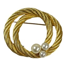 Vtg Signed CHRISTIAN DIOR Woven Rope Gold Tone Faux Pearl Brooch 2.25” Classic - £220.56 GBP