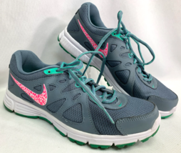 Nike Revolution 2 Women&#39;s Size 8 Running Lace Up Shoe Grey w/ Pink / Teal - $31.49