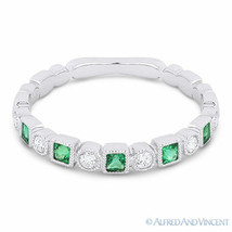 0.27 ct Princess Cut Emerald &amp; Diamond 14k White Gold Wedding Ring Milgrain Band - £877.52 GBP