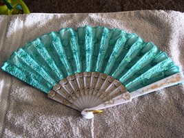 FAN ( SMALL HAND TYPE FAN ) WITH FLOWERS FLOWER SEQUINS LIGHT BLUE B1 - £6.32 GBP