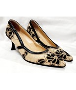 Chanel BLACK GOLD Floral Flower Fabric Wool Heel Pump 36.5 Leather Trim 6.5 Used - $590.00