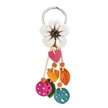 Boho Chic White Floral Garden Leather and Beads Bag Ornament Keychain - £10.96 GBP