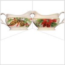 222 Fifth Gravy Boat WINTER WISHES Christmas Poinsettia Pine Cone Holly Berries - £17.03 GBP