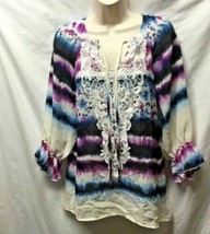 Sunny Leigh Womens Sz S Tunic Multicolor Shirt Crocheted Lace ollar Bell Sleeve - £11.59 GBP