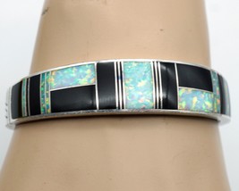 Navajo Silver Channel Inlay Cuff Bracelet by Ray Tracey Knifewing Onyx &amp; Opal - £398.74 GBP
