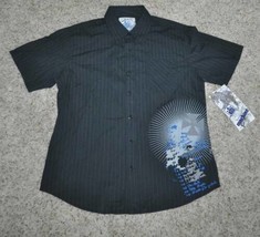 Mens Sport Shirt Emachine Black Pin Striped Button Front Short Sleeve-sz L - $13.86