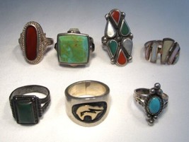 Lot of 7 Native American Southwest Sterling Silver Turquoise Rings C3655 - £214.15 GBP