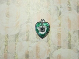 Vintage Sterling silver enameled puffy heart charm-GREEN &amp; WHITE pansy - £19.66 GBP