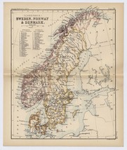 1888 Original Antique Map Of Scandinavia Sweden Norway Denmark Baltic Sea - £22.34 GBP