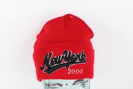 NOS Vintage Y2K 2000 New York Script Spell Out Knit Winter Beanie Hat Cap Red - £39.43 GBP