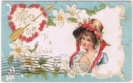 Postcard Embossed Valentine My Heart&#39;s Gift To A Loved One Girl With Hat - £3.08 GBP