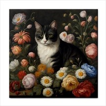 Cat Flowers Ceramic Tile Renaissance Style Art 4.25 Inches - £12.16 GBP