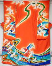 Cranes Flying Across Ocean Waves Kakeshita - Japanese Wedding Kimono - Colorful  - £199.83 GBP