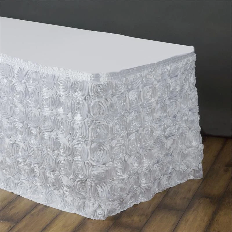 White - 17FT- Wonderland Rosette Table Skirt Table Covers Rectangle Roun... - $95.88