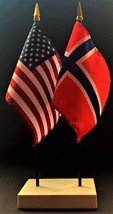 1 American &amp; 1 Norway Mini Rayon 4&quot;x6&quot; Desk Flag Set with White 2-Hole Base - $13.95