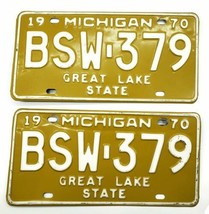 Michigan 1970 Pair License Plate Car Tag BSW-379 Great Lake State Yellow &amp; White - £22.47 GBP