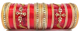 Indian Style Kundan Chura Bridal Red Gold Wedding Dulhan Bangle Set Size 2.6 - £23.49 GBP