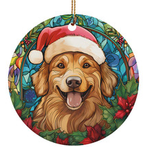 Merry Xmas Golden Retriever Dog Stained Glass Wreath Christmas Ornament ... - $14.80