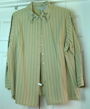 White Stag Woman Button Up Blouse 18 20 Long Sleeve Olive Green Vertical Stripes - £7.08 GBP