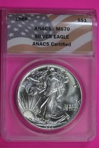 1988 MS 70 American Silver Eagle 1 OZ ANACS Certified Graded Authentic Slab 128 - £346.98 GBP