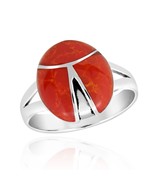 Minimalist Ladybug Inspired Red Coral  Inlay Sterling Silver Ring-10 - £18.76 GBP