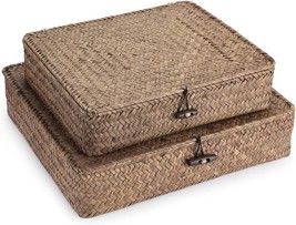 Hipiwe Set Of 2 Flat Woven Wicker Storage Bins With Lid Natural Seagrass Basket - £31.61 GBP