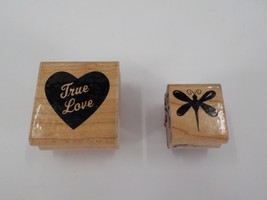 2 STAMPS &quot;TRUE LOVE&quot; HEART SMALL DRAGONFLY WOOD MOUNTED RUBBER STAMP USED - $9.99