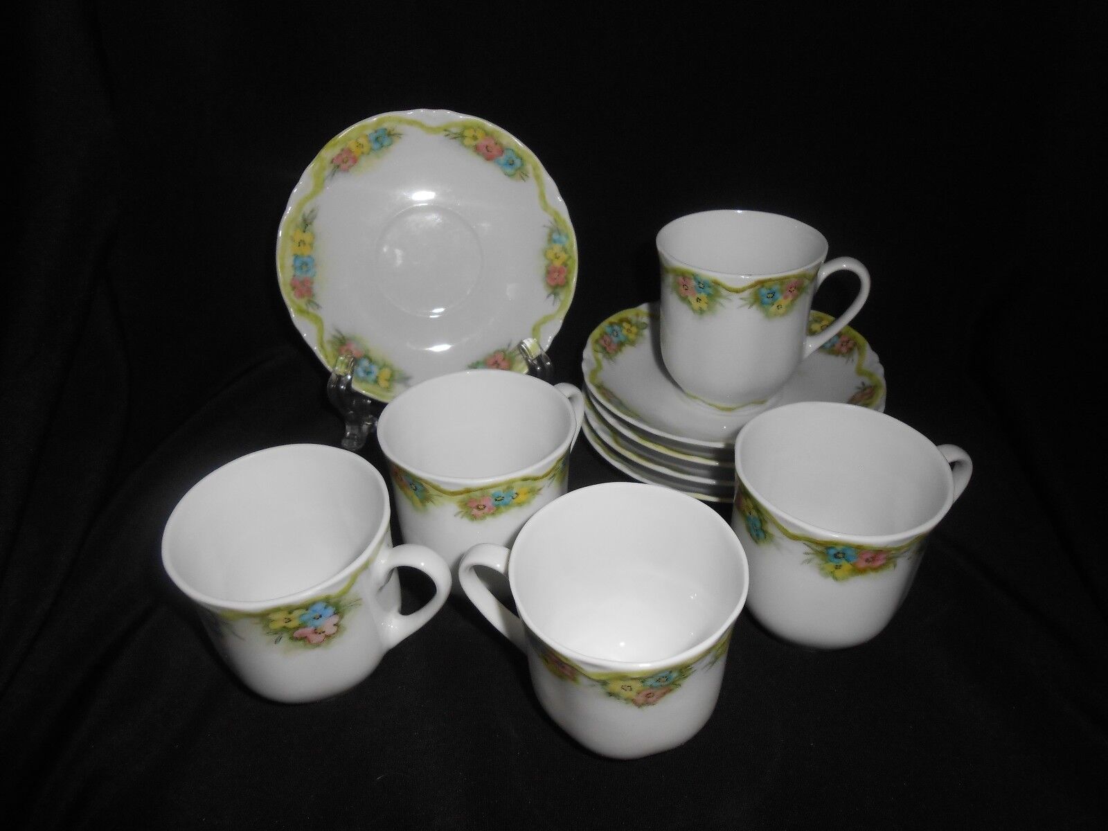 Primary image for Hutschenreuther Demitasse Cup & Saucer Set Of 5 Flowers 1970's Artist Signed
