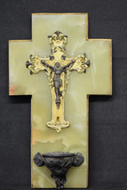 ⭐antique French crucifix ,holy water font,bronze Christ on onyx⭐ - £66.28 GBP
