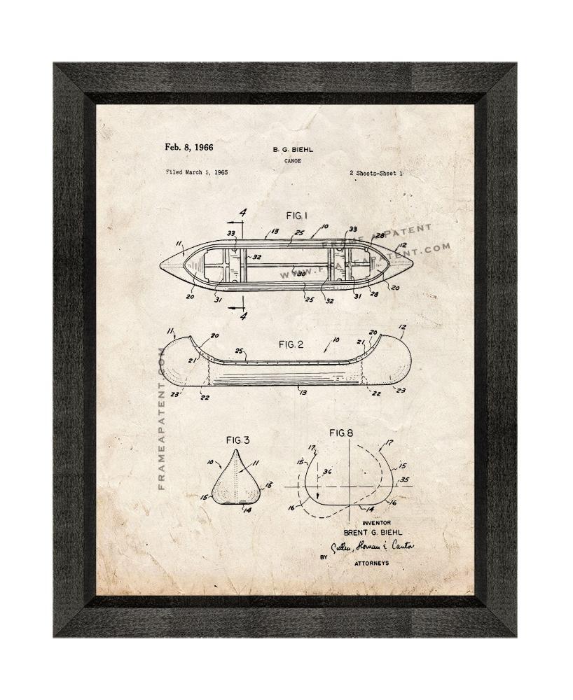 Canoe Patent Print Old Look with Beveled Wood Frame