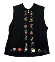 Mercer Street Studio Black Full Zip Christmas Sweater Vest Size 1X Embro... - £14.36 GBP