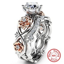 925 Sterling Silver Color Diamond Ring For Women 18k Gold Rose Shape AAA Zircon  - £19.44 GBP