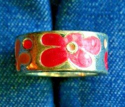 Fabulous Floral Pink Enamel Silver-tone Band Ring 1980s vintage size 7 - £10.33 GBP