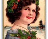 Adorable Child With Holly Merry Christmas Gilt Embossed DB Postcard R10 - $7.87