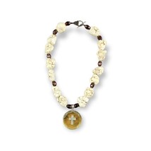 Beaded Necklace Southwestern Chunky Stones, Brown Faceted Beads, Bling Cross 20&quot; - £15.56 GBP
