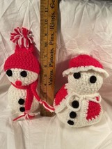 2 Vintage Knit Crochet Snowmen Couple 7” Red Hat Scarf Coat Styrofoam - £11.80 GBP