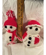 2 Vintage Knit Crochet Snowmen Couple 7” Red Hat Scarf Coat Styrofoam - £10.69 GBP