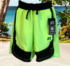 Russell Boys Lime Green Black Knit Shorts Size M8 Drawstring Waist - £9.40 GBP