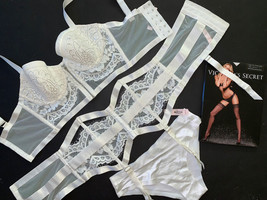 Victoria&#39;s Secret longline 32D BRA SET+M garter+S Panty WHITE silver foil BRIDAL - £110.52 GBP