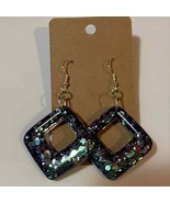 Handmade epoxy resin square dangle earrings -purple/green holographic gl... - £4.95 GBP