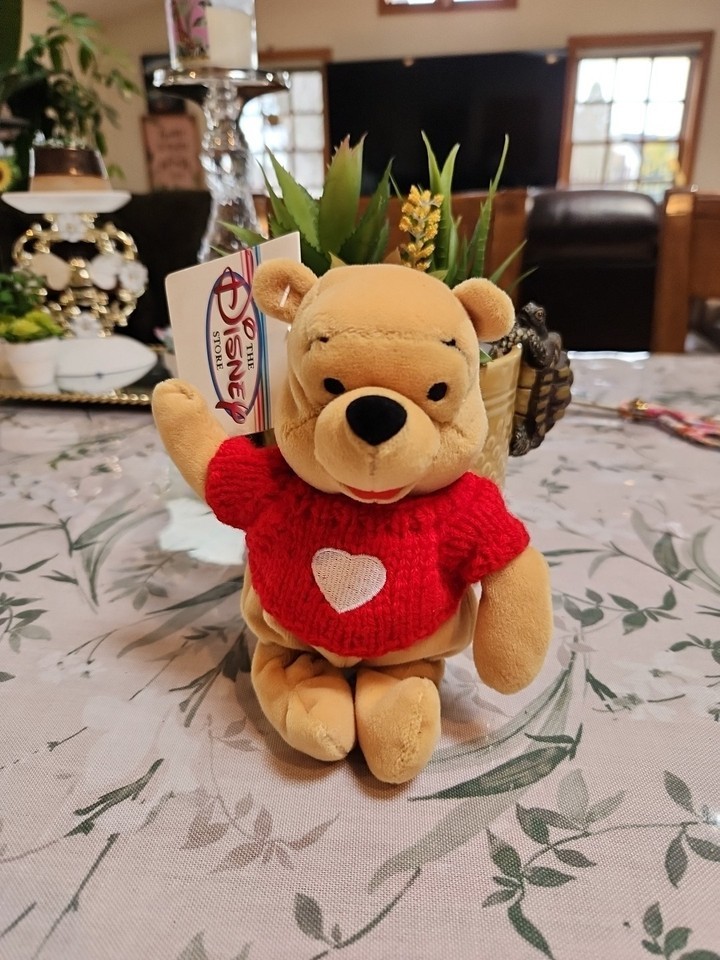 NWT Disney Store Winnie the Pooh With Heart Sweater 8&quot; Bean Plush - With... - $9.51